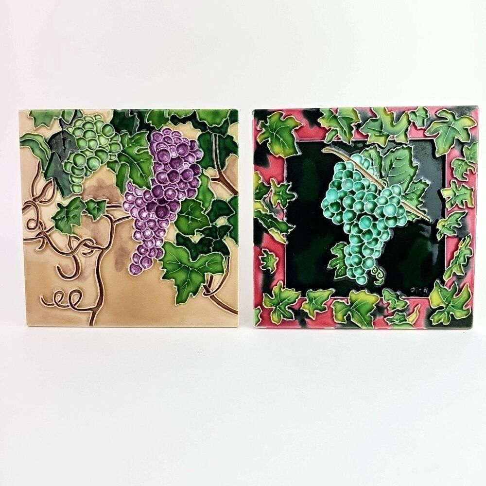 Vines Grapes set of 2 Art Tile 6x6 Decorative Wall Backsplash Free Standing